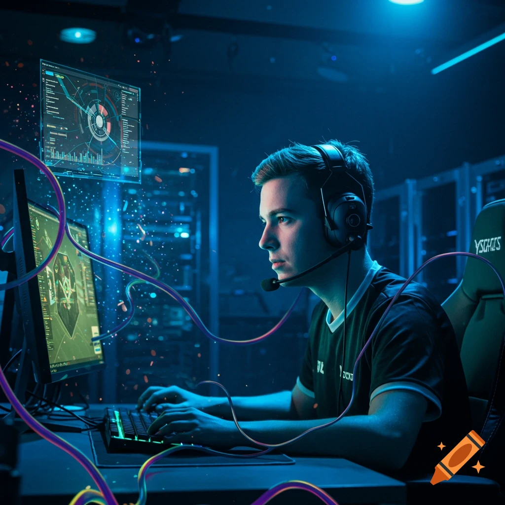 A young male gamer wearing a headset and t-shirt, typing on a glowing keyboard in a blue-lit server room with multiple monitors displaying data and abstract glowing lines around him.