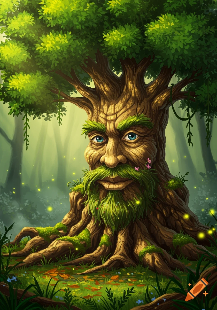 A whimsical, ancient tree with a wise human face, blue eyes, and a green beard in a magical forest setting with fireflies.