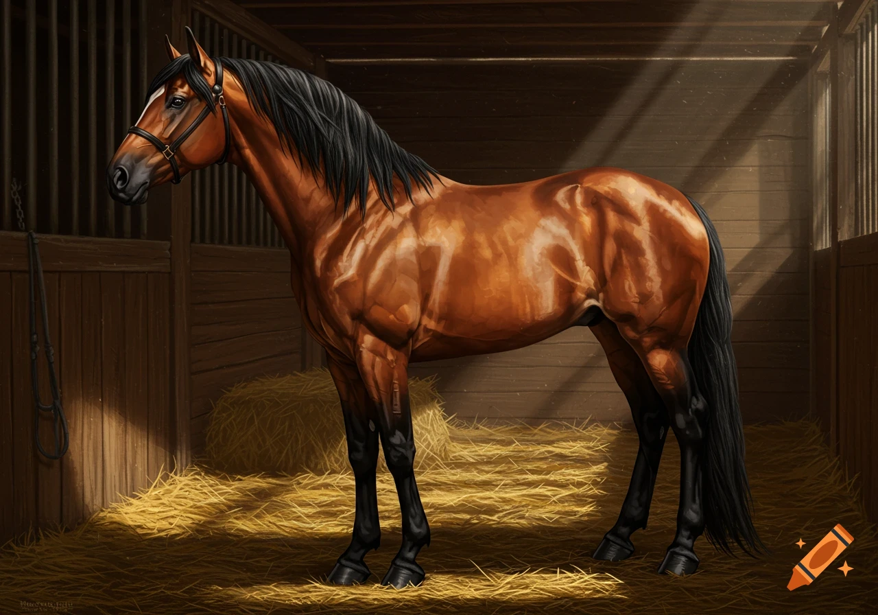 A majestic brown horse with a long black mane and tail stands in a sunlit wooden stable filled with hay.
