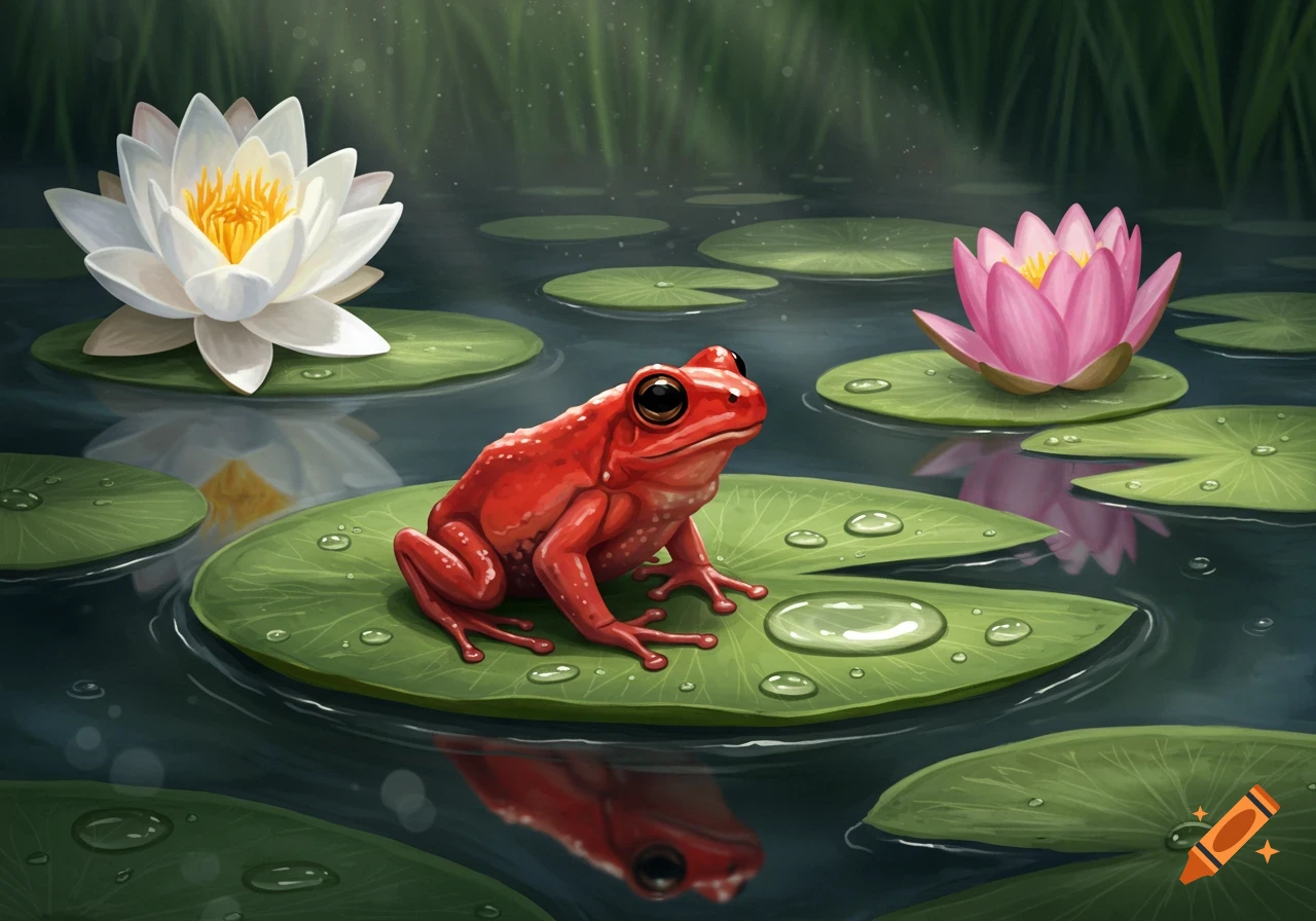 A vibrant red frog sits on a large green lily pad in a calm pond, surrounded by a white and a pink lotus flower.