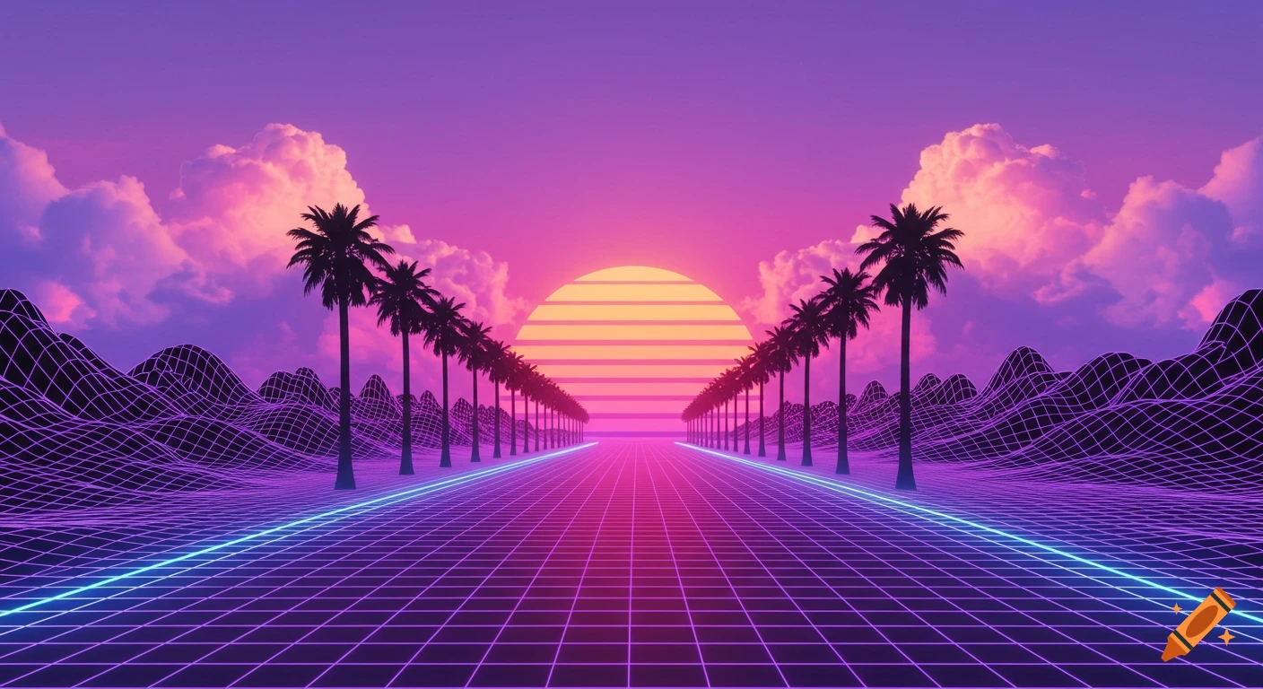 Vibrant synthwave landscape with a grid road, palm trees, and a horizontal-striped sunset under a purple-pink sky.
