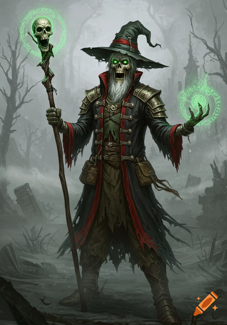 A dark fantasy illustration of an undead lich wizard in a black and red tattered coat and wizard hat, holding a skull-topped staff and casting green magic in a desolate, misty ruin.