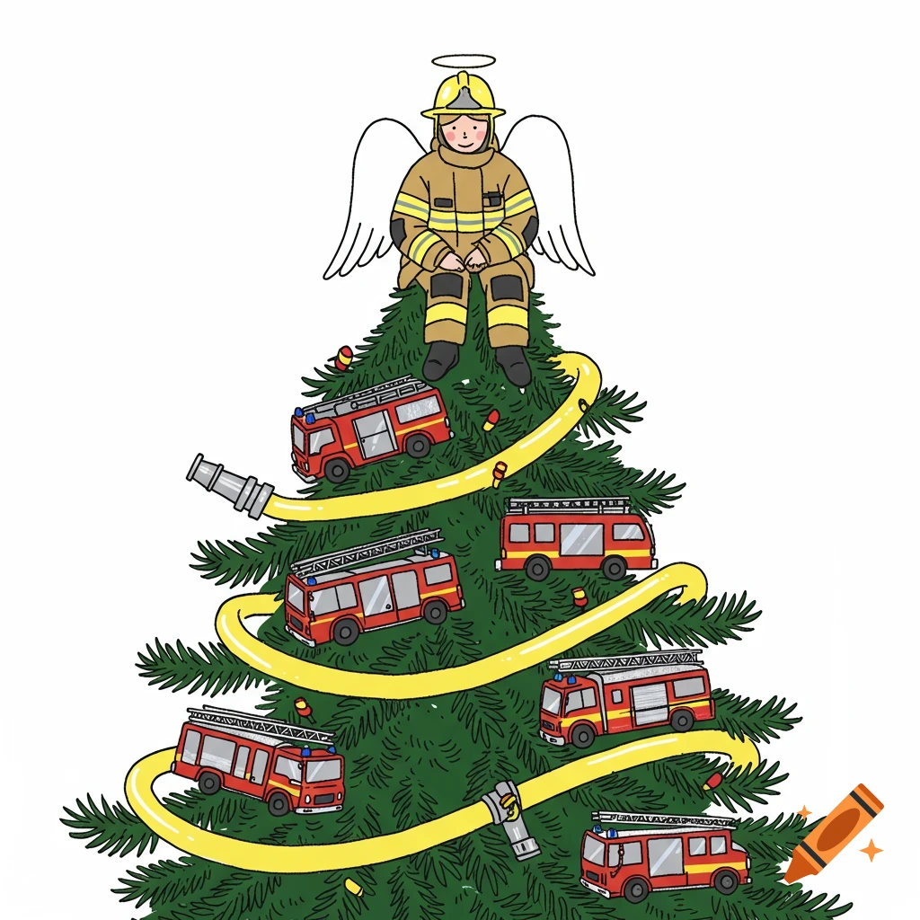 A simple drawing of a Christmas tree decorated with UK fire engines, a yellow fire hose, and topped with an angel in a firefighter uniform.
