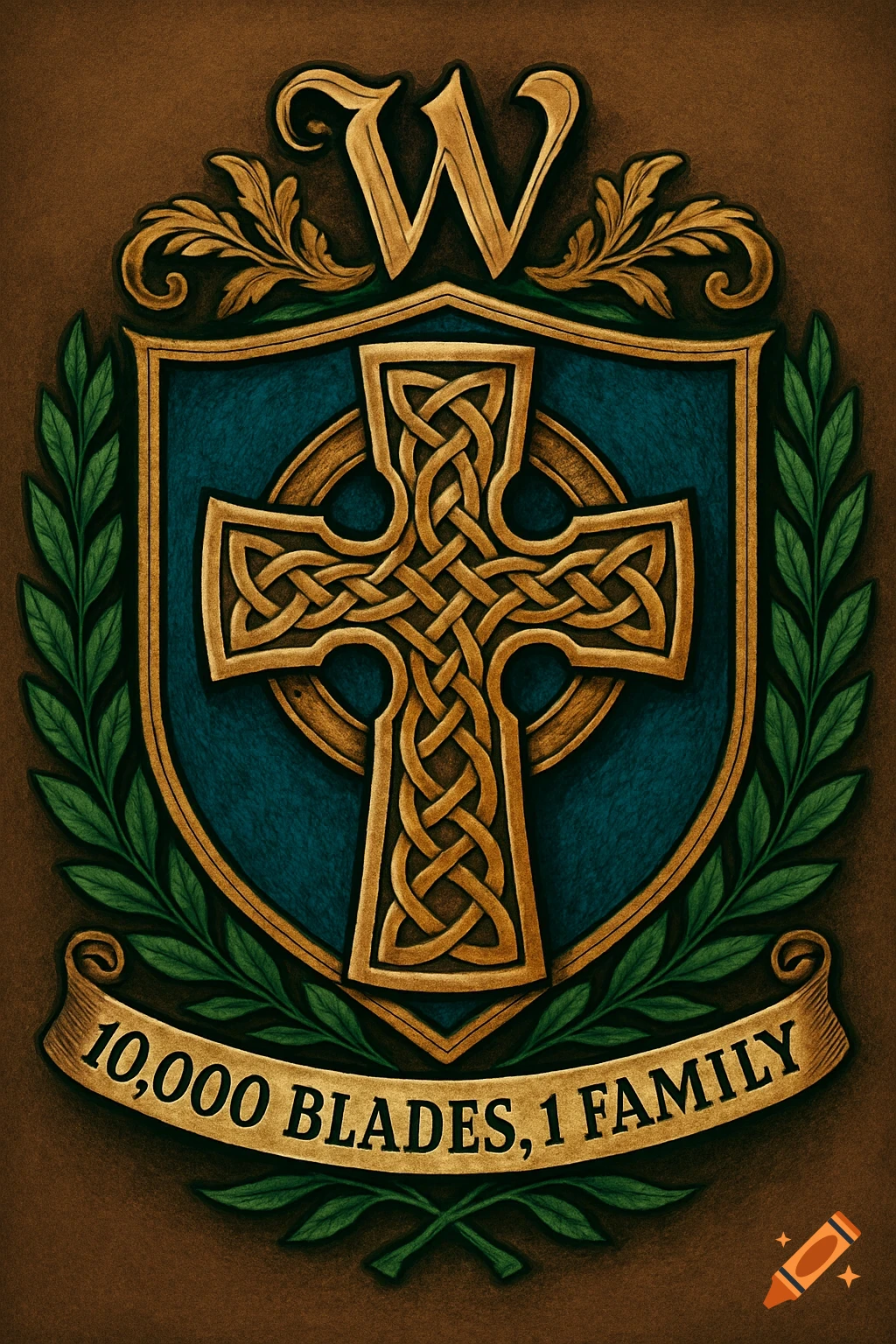 An ornate family crest with a golden Celtic knot cross on a teal shield, green leaves, a banner reading '10,000 BLADES, 1 FAMILY', and a gold 'W'.