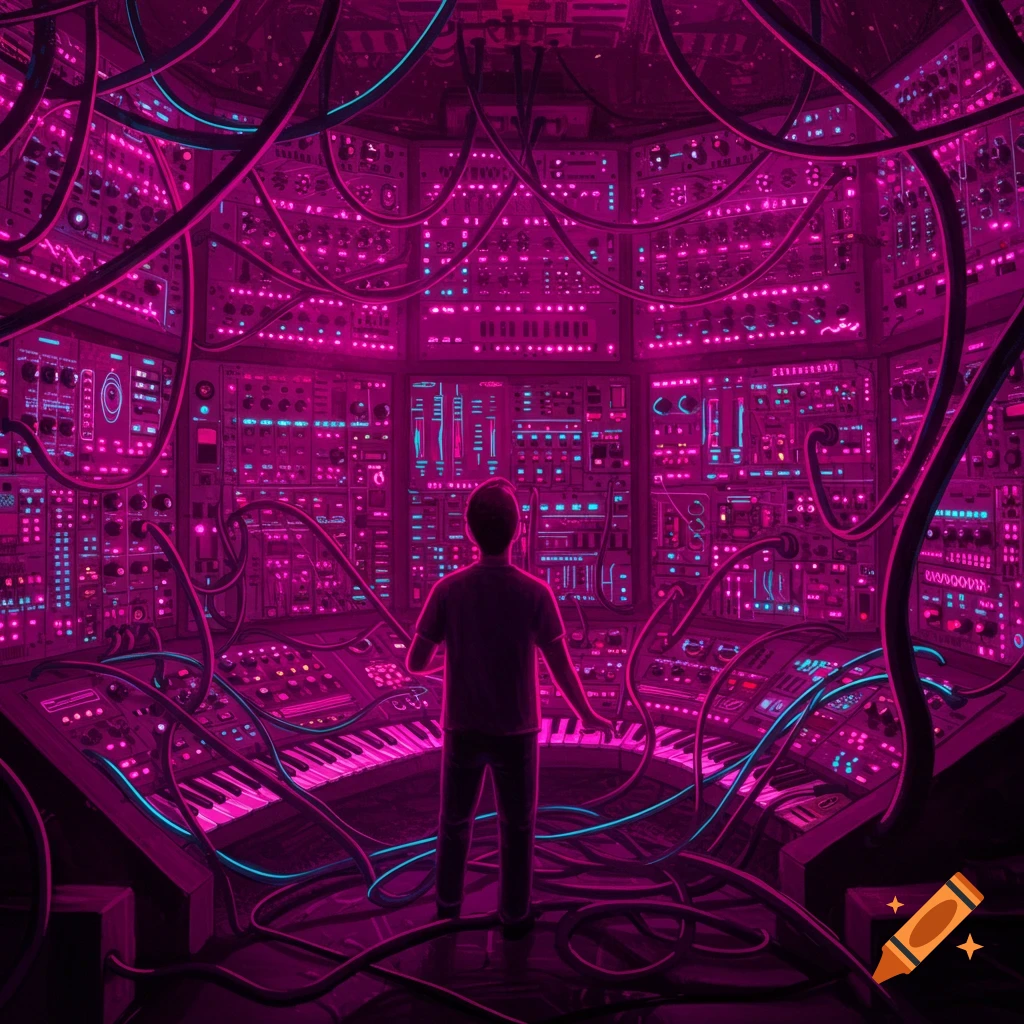 A man faces a massive, glowing pink and blue modular synthesizer console, surrounded by tangled wires, in a sci-fi aesthetic.