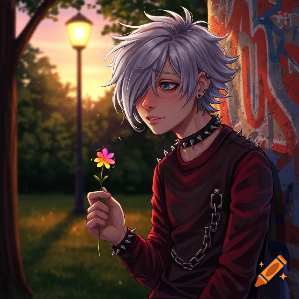 An anime-style emo guy with silver hair and blue eyes, wearing a spiked choker and a chain, holding a colorful flower, leaning against a graffiti-covered wall at sunset.