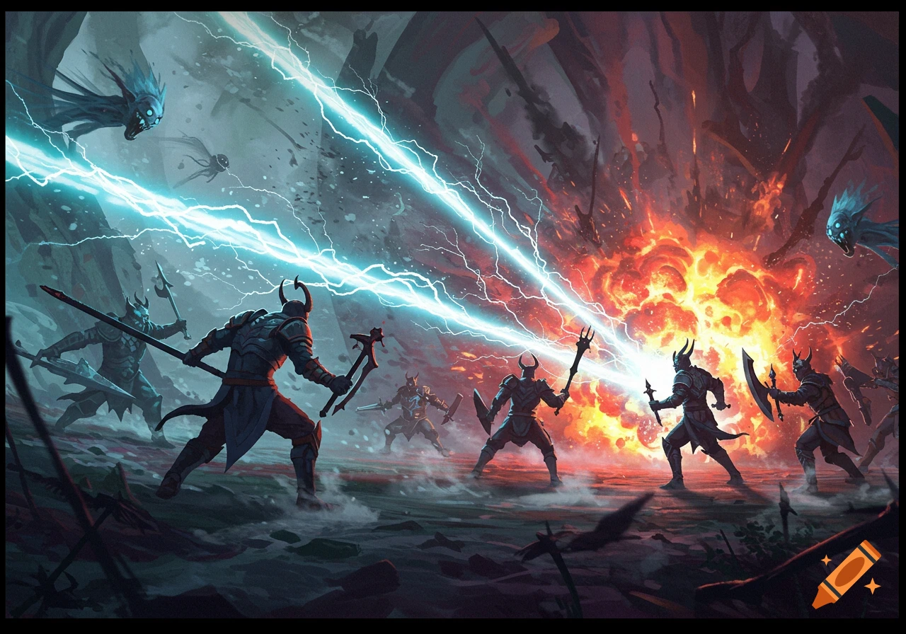 Fantasy illustration of armored warriors fighting with lightning magic and a fiery explosion in a dark, stylized battle scene.