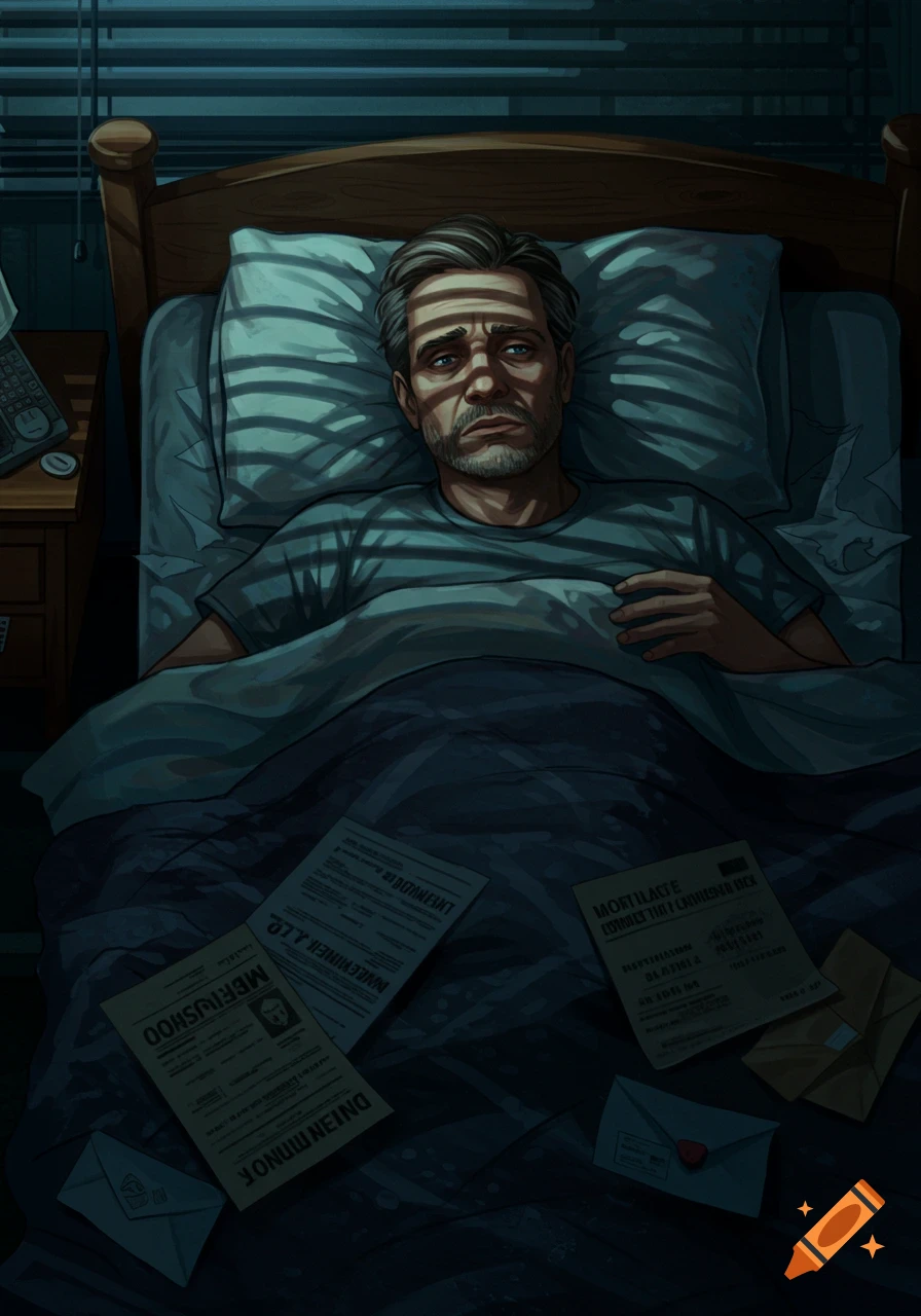 Worried man lies in bed, financial documents scattered on blanket, strip shadows across his face. Stylized illustration.