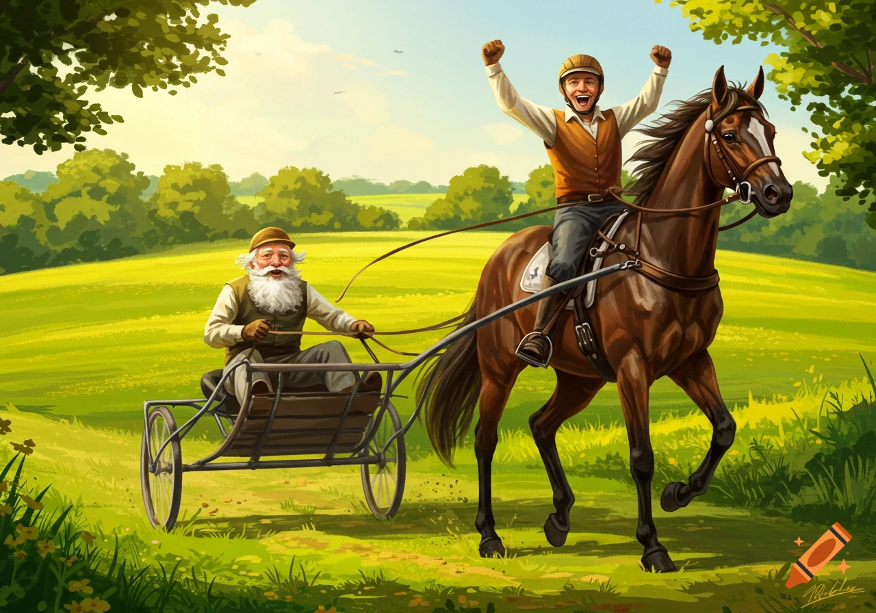 A man cheers on a horse he rides as another man with a white beard drives a sulky alongside, in a sunny countryside illustration.