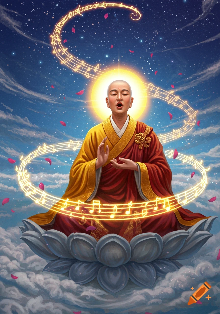 A bald monk in red and gold robes meditates on a lotus flower amidst clouds in the night sky, surrounded by a bright halo, swirling musical notes, and falling rose petals.