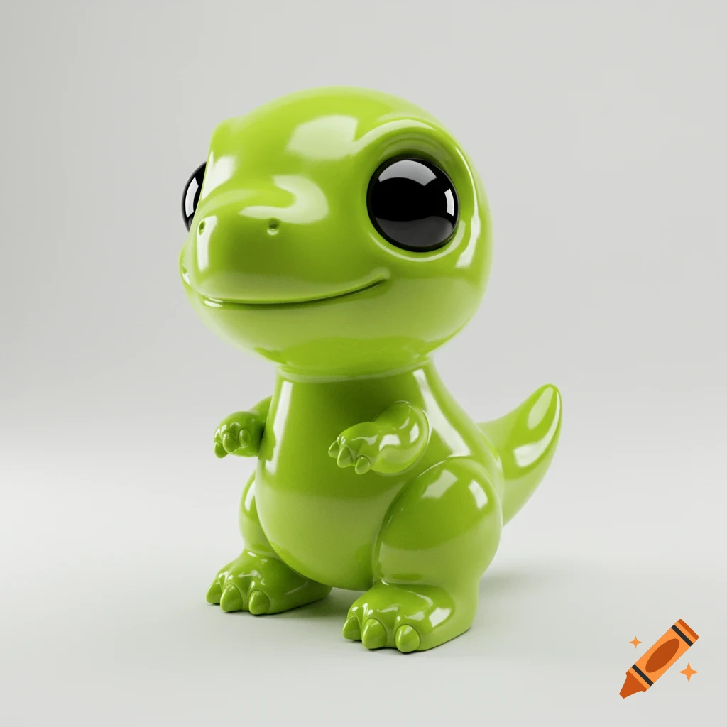 A shiny, bright green, cute cartoon dinosaur toy with big black eyes stands on a white background.