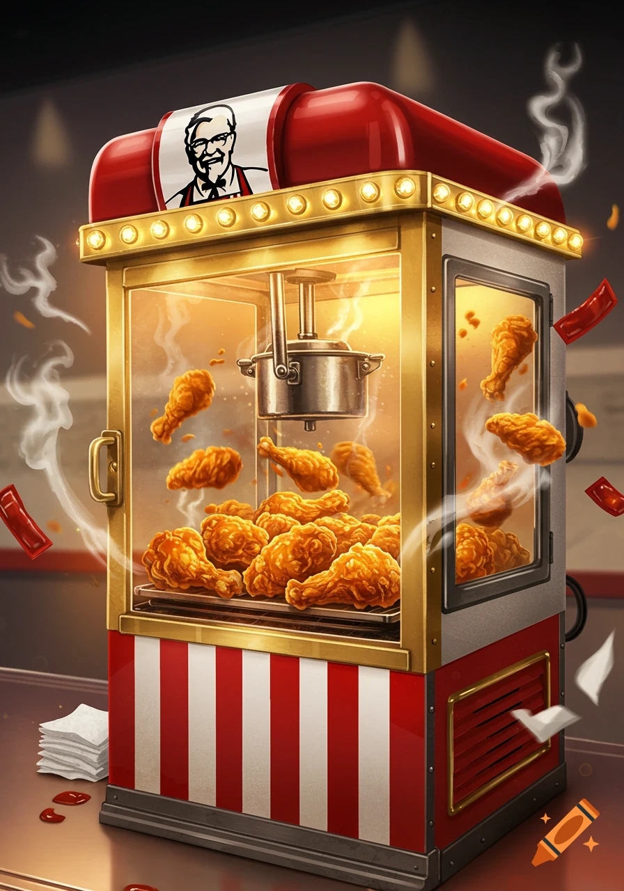 An illustrated image of a KFC-branded popcorn-style machine dispensing golden fried chicken drumsticks and wings, with some flying out.