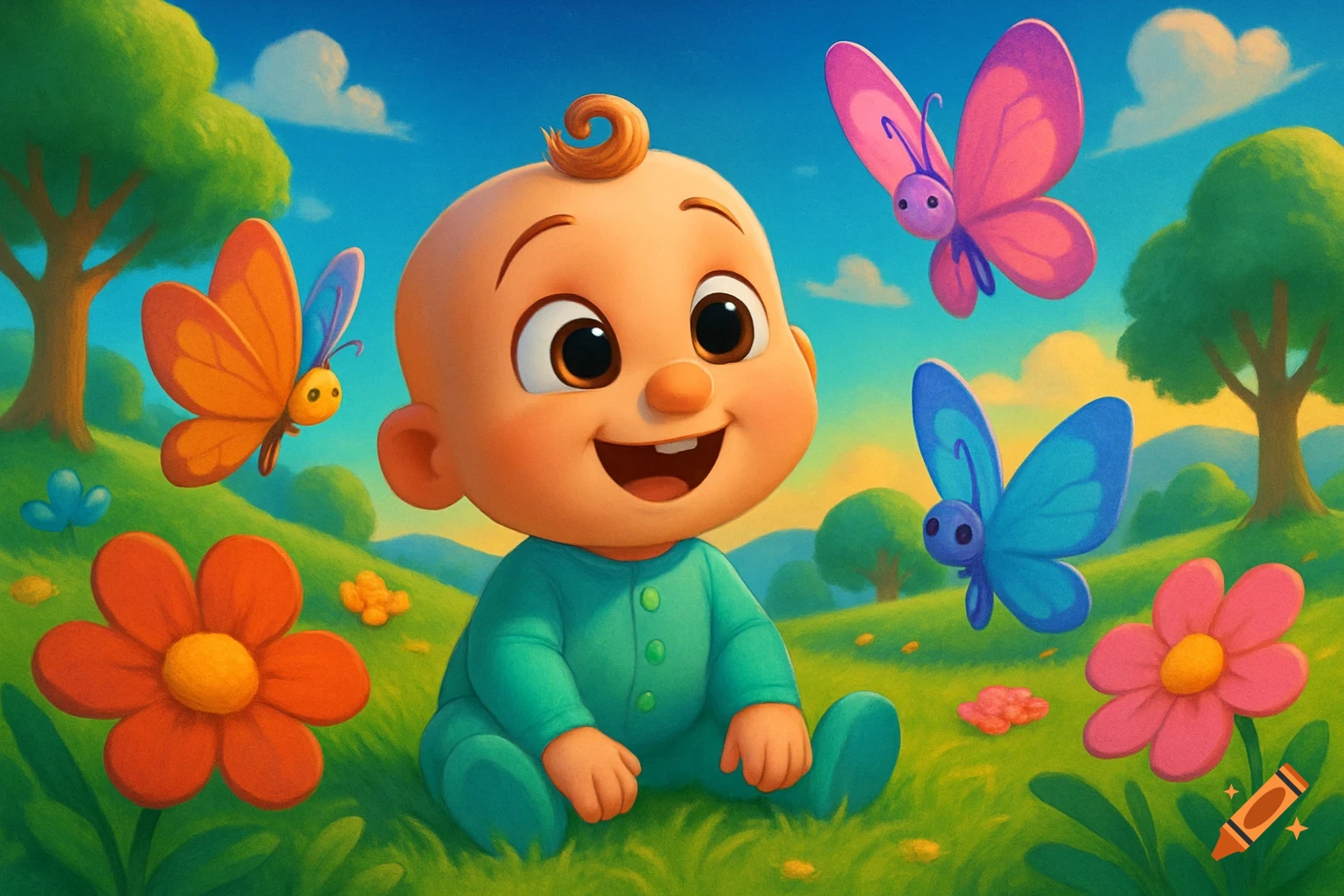 A smiling cartoon baby in a teal onesie sits in a vibrant green field with colorful butterflies and flowers under a blue sky.