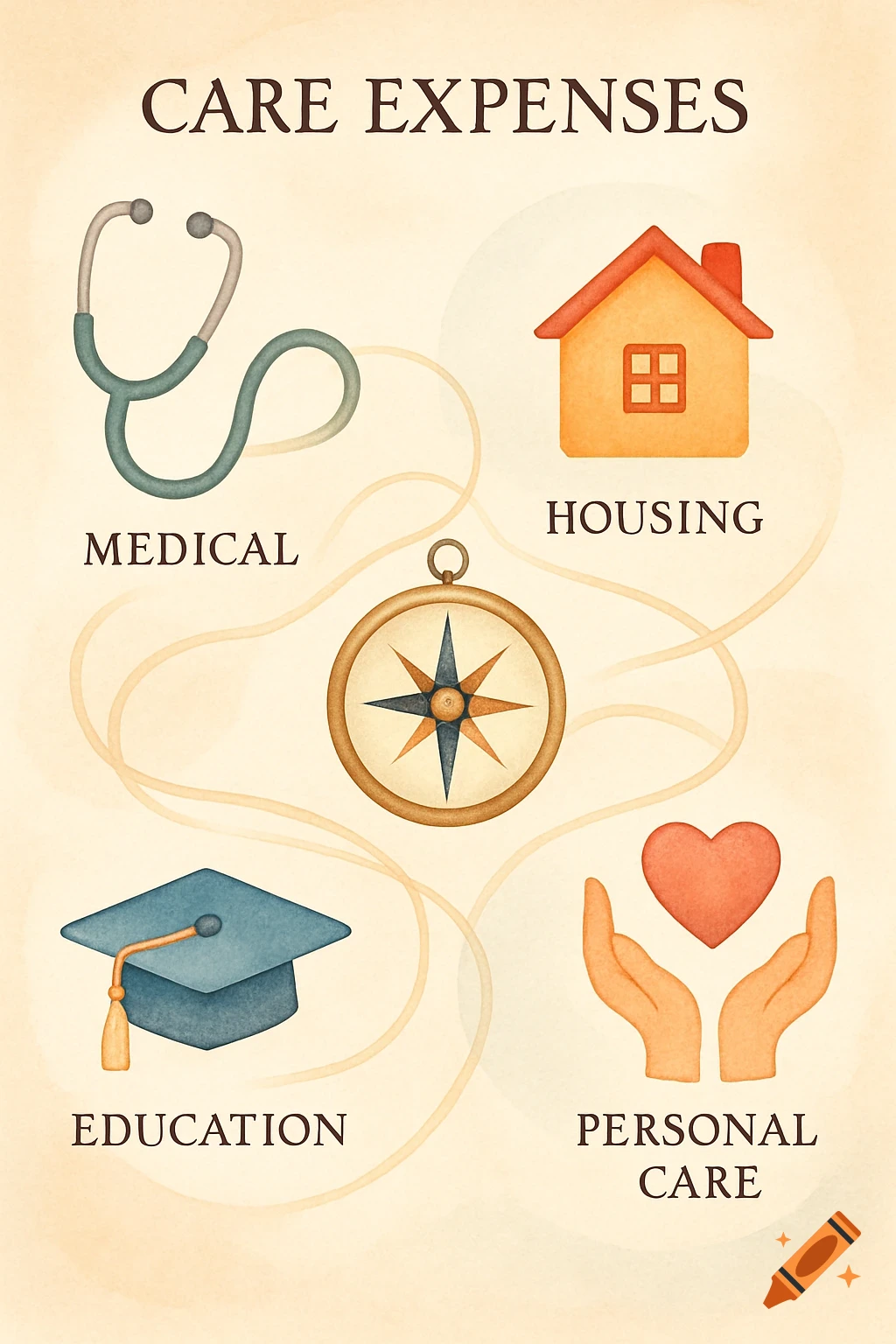 Watercolor infographic detailing care expenses with icons for medical, housing, education, and personal care.
