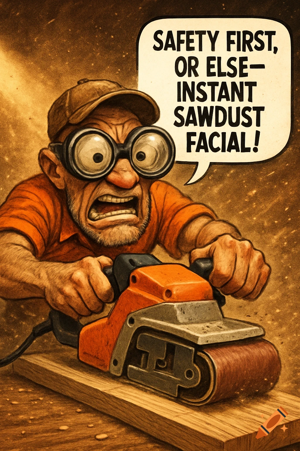 A cartoon man in goggles and a baseball cap operates a belt sander, grimacing intensely. A speech bubble says, "SAFETY FIRST, OR ELSE- INSTANT SAWDUST FACIAL!"