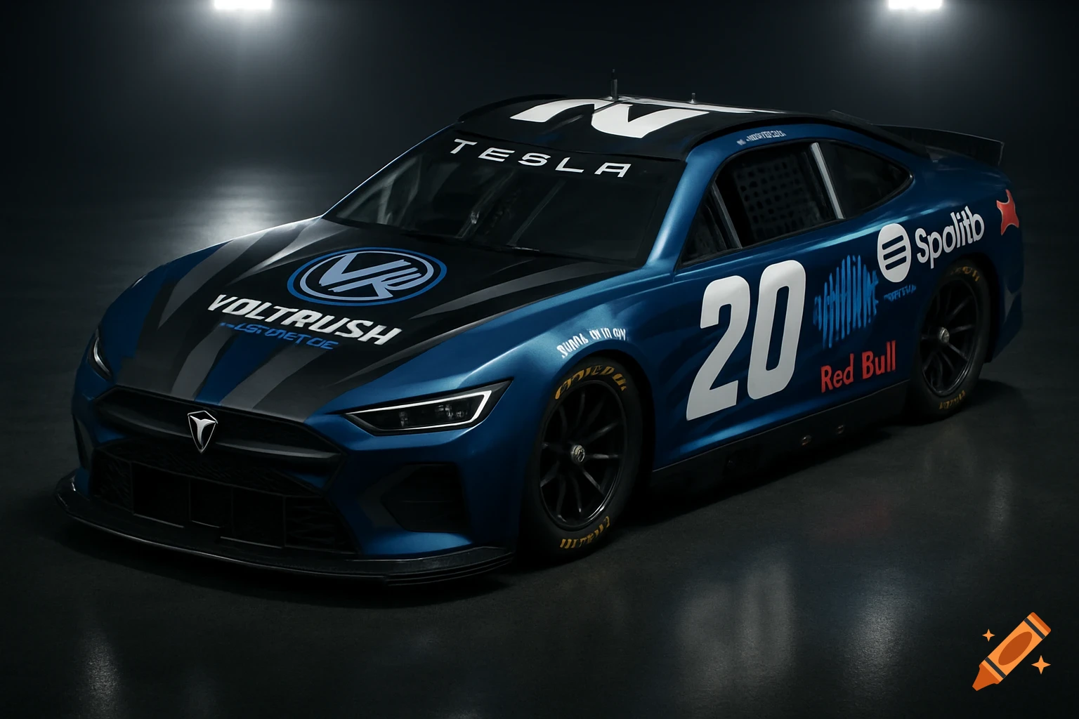 A dark blue NASCAR stock car with a matte black hood, grey racing stripes, and prominent sponsor logos like Tesla, VoltRush, 20, Spolib, and Red Bull, viewed from a high angle in a dark studio.