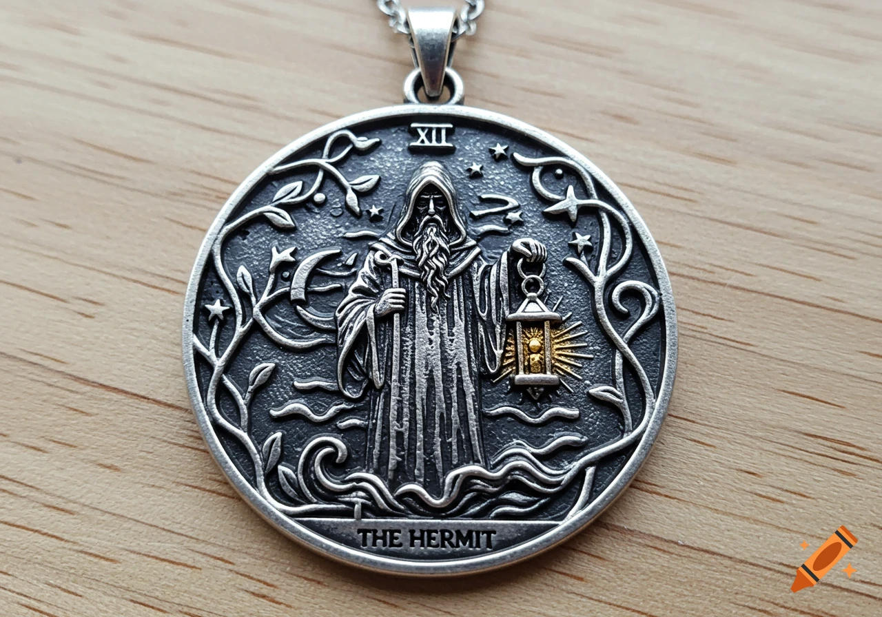 Close-up of a silver pendant depicting The Hermit tarot card. An old bearded man in a cloak holds a lantern and staff, surrounded by branches, moons, and stars. The text "THE HERMIT" is at the bottom and "XII" at the top, with a gold accent on the lantern. The pendant hangs from a silver chain on a wooden surface.