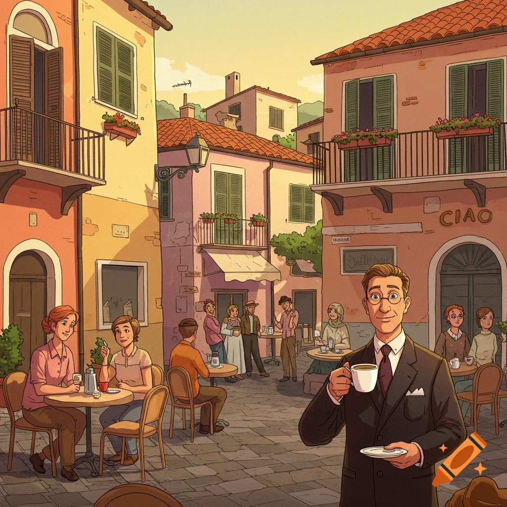 An illustration of a bustling European town square with people enjoying coffee at outdoor cafes. A man in a suit holds a coffee cup in the foreground.