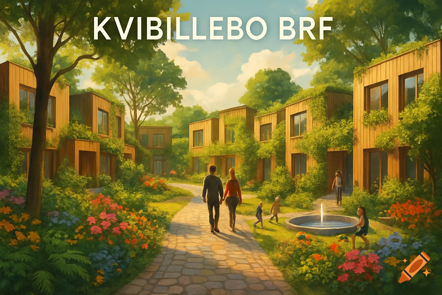 A painterly illustration of a green community with modern wooden houses, lush gardens, walking paths, and people, with 'KVIBILLEBO BRF' at the top.