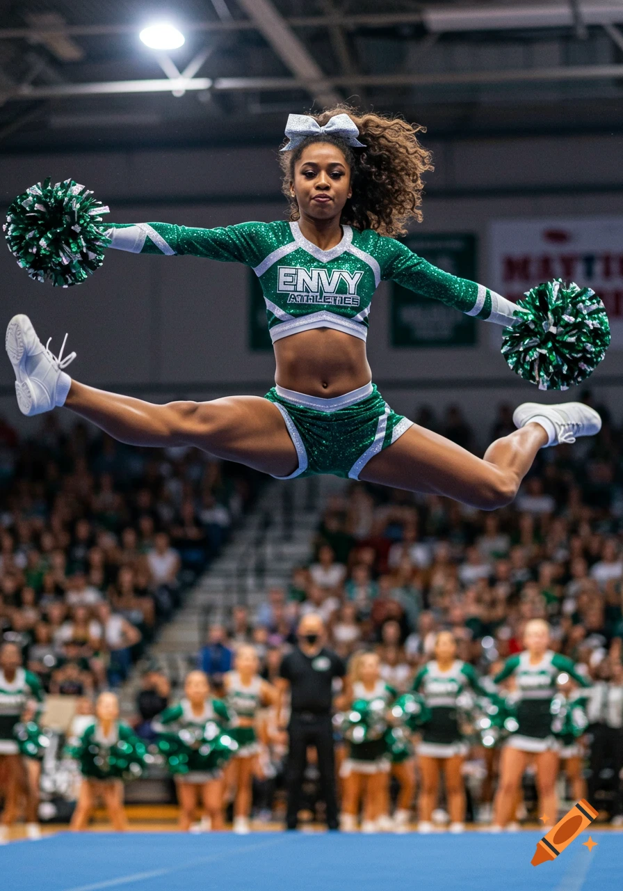 A cheerleader in a sparkly green and white uniform with "ENVY ATHLETICS" printed on it performs a mid-air split jump, holding green pom-poms in an indoor arena.