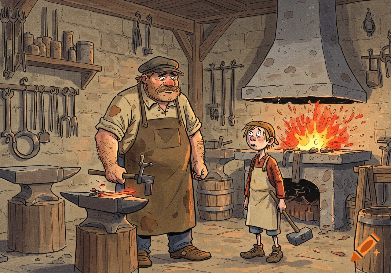 A cartoon blacksmith in a forge looks exasperated at his puny apprentice holding a hammer, with a roaring furnace in the background.