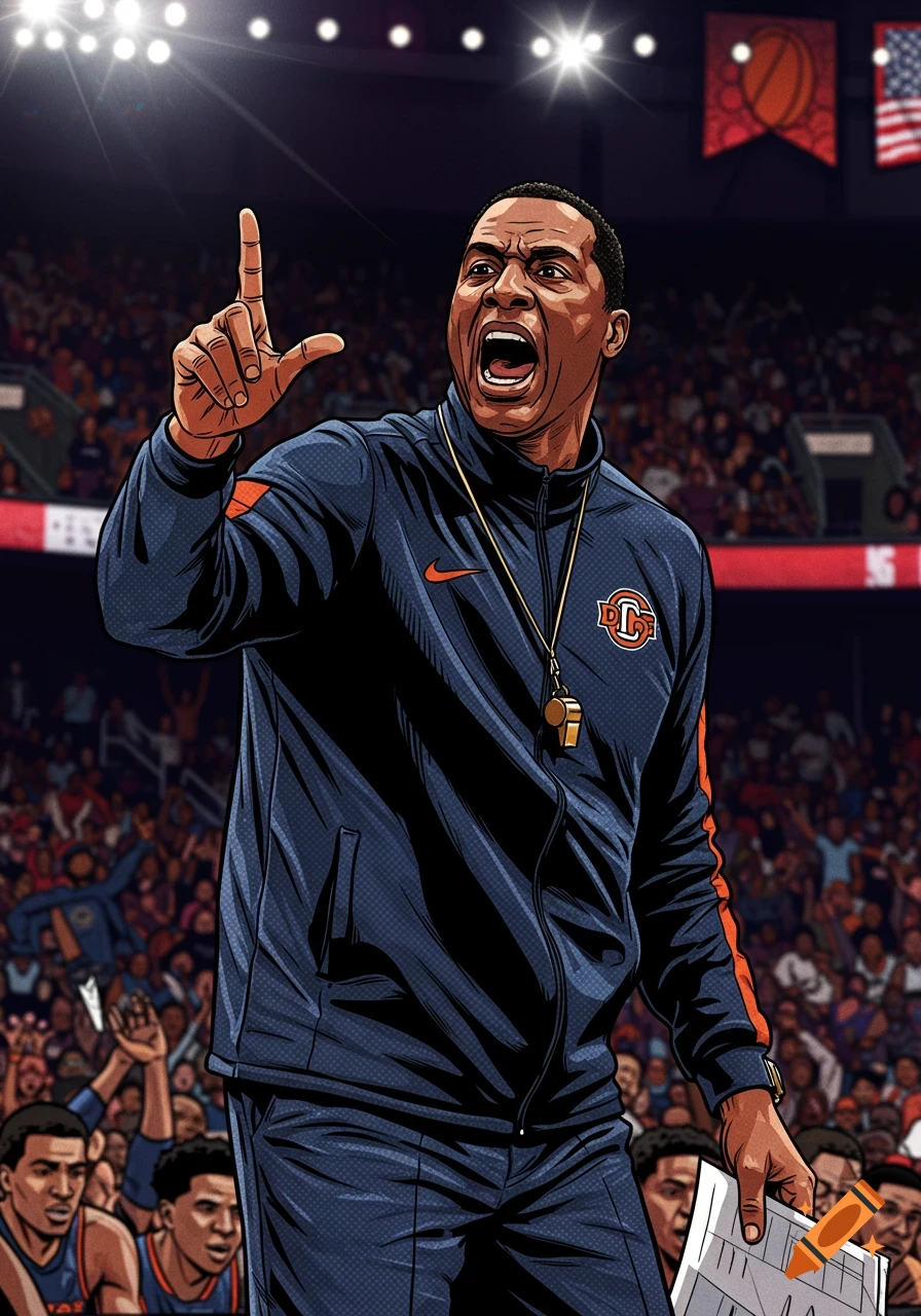 A comic-style illustration of an angry basketball coach yelling and pointing, with a whistle around his neck, on a court with spectators.