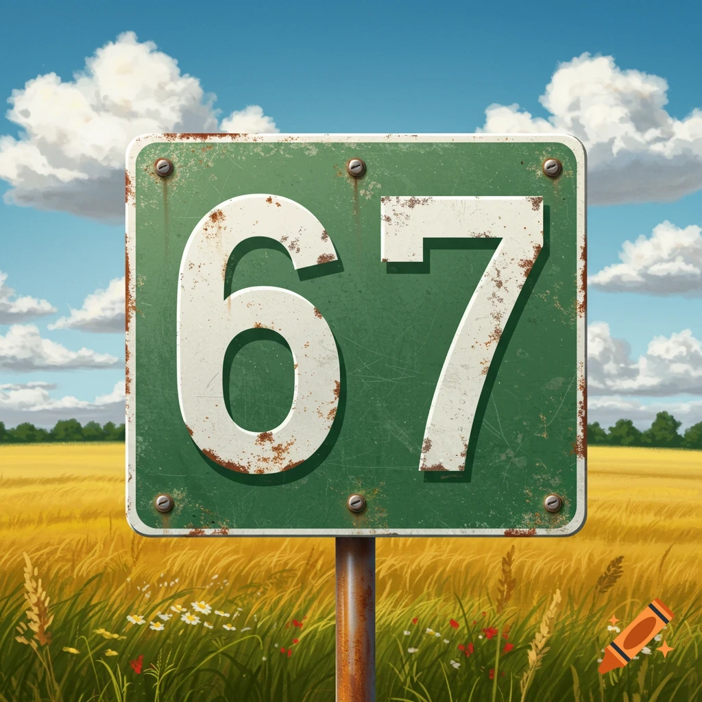 A rusty green sign with the numbers '67' stands in a field of wheat and wildflowers under a blue sky.