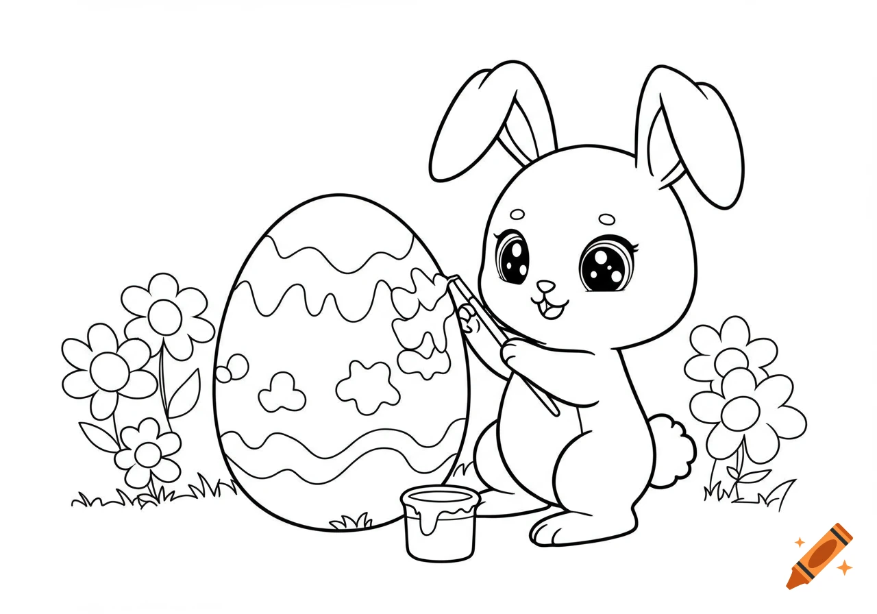A cute kawaii bunny painting an Easter egg with a brush, surrounded by flowers, in black and white line art for a coloring page.