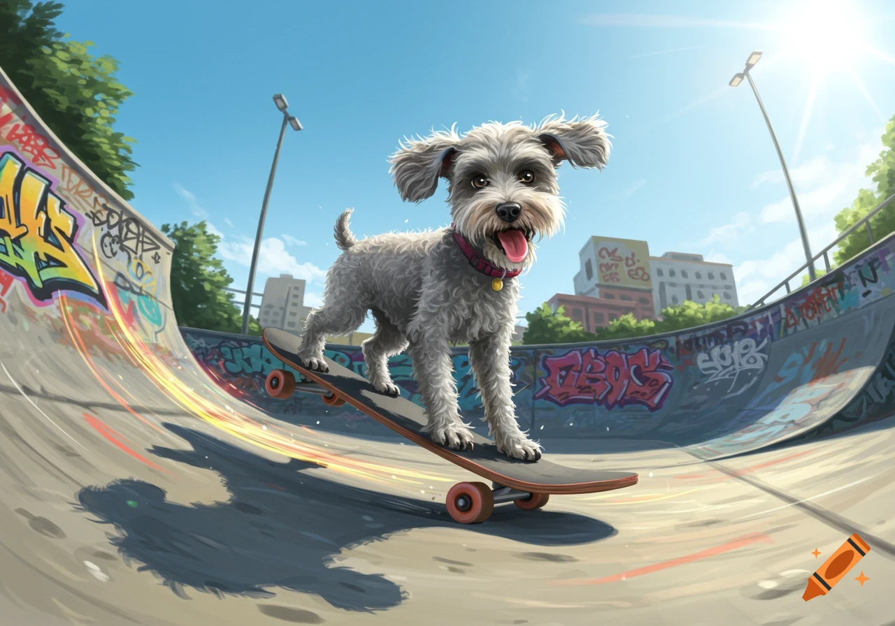 A happy grey doodle dog rides a skateboard in a sunny, graffiti-filled skatepark with city buildings in the background.