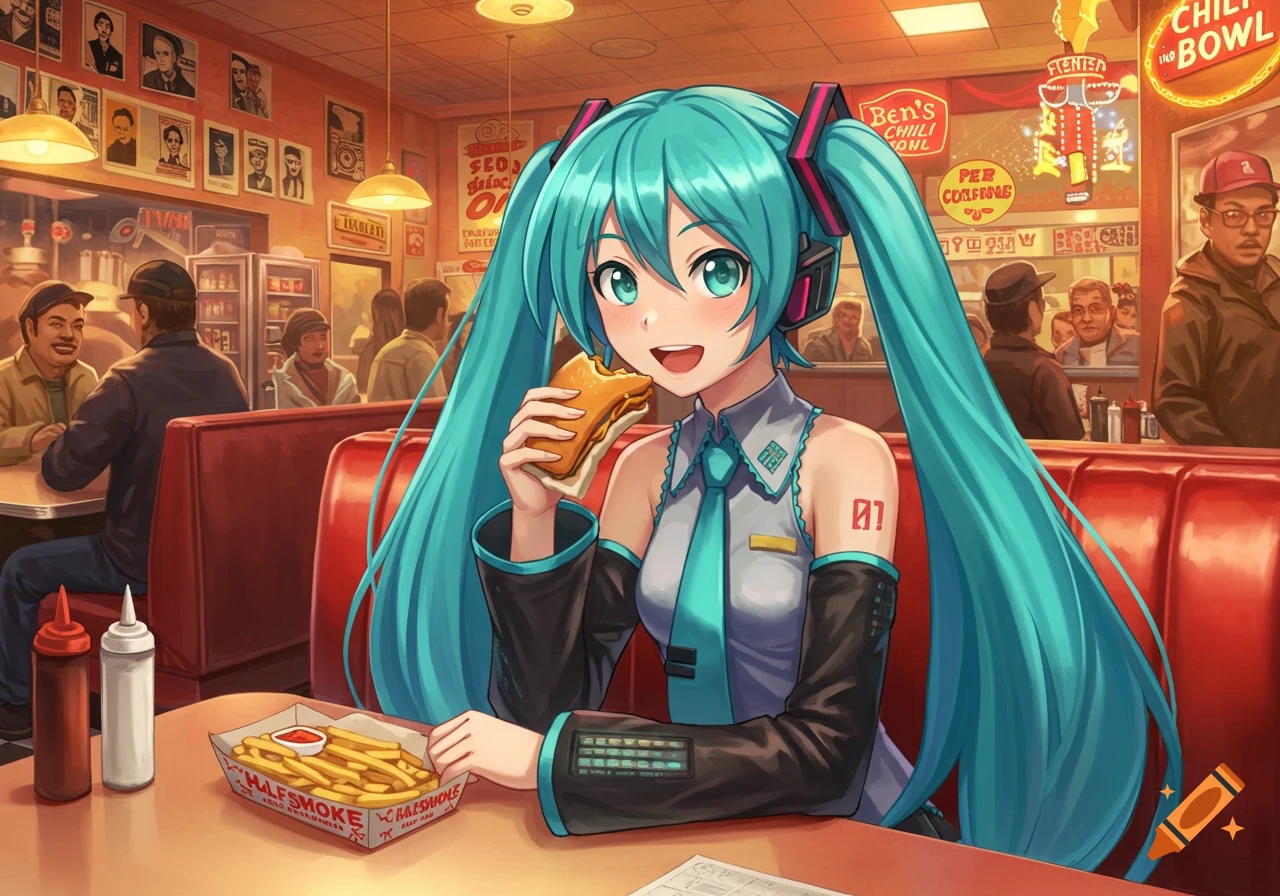 Hatsune Miku with long teal pigtails, wearing a uniform, smiles while eating a sandwich and fries at a diner.