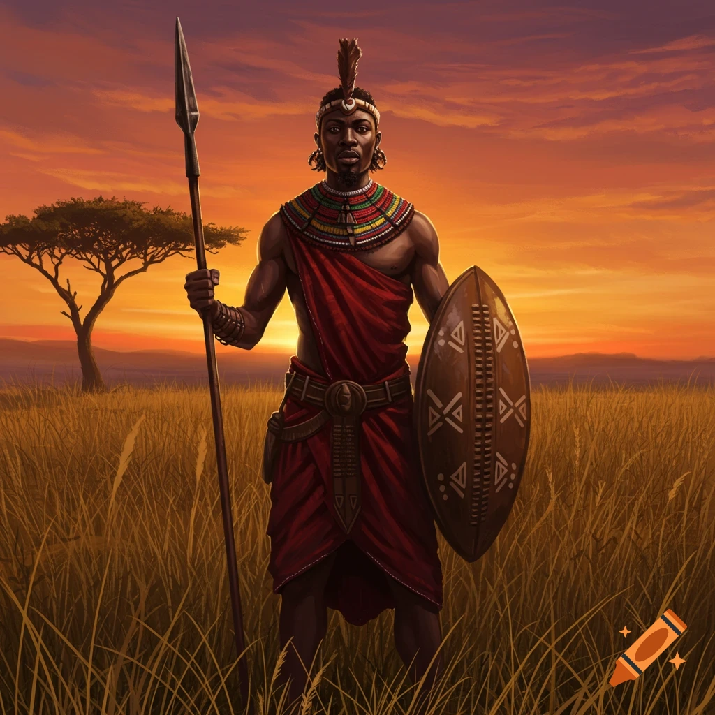 An African warrior in red attire, holding a spear and shield, stands in a golden savanna at sunset.