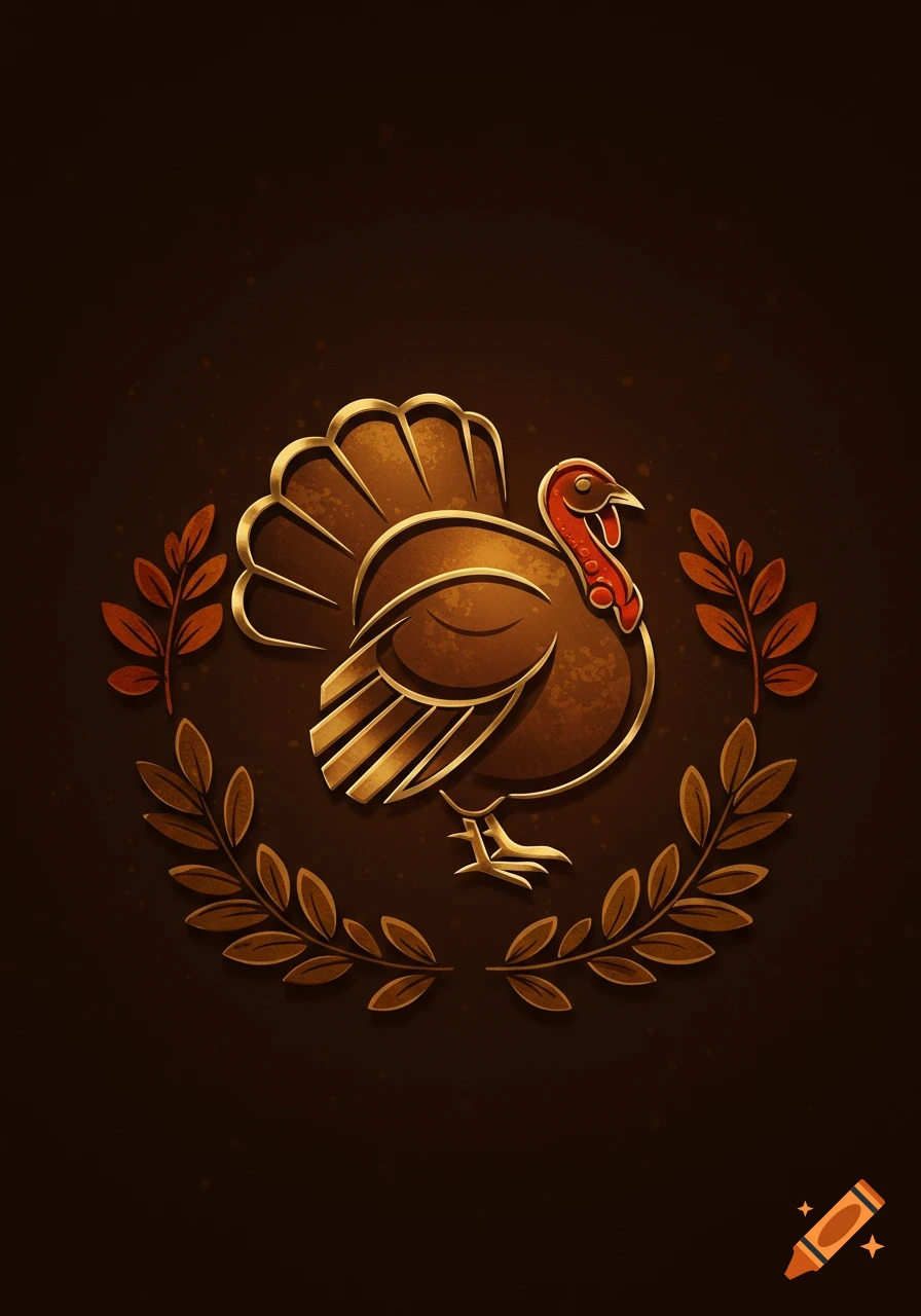 A stylized gold and brown turkey emblem with a red wattle, standing within a gold wreath on a dark brown background.