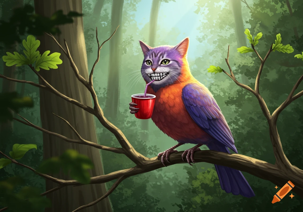 A purple and orange bird with a cat face and shiny teeth drinks from a red cup with a straw while perched on a tree branch in a forest.