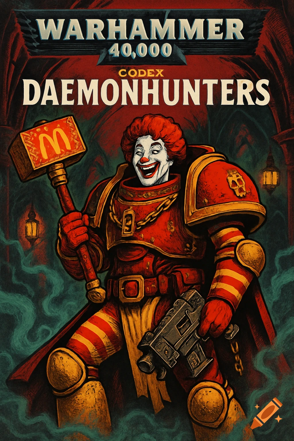 Ronald McDonald in red Warhammer 40,000 power armor holds a McDonald's-branded hammer and a gun, under the title 'WARHAMMER 40,000 CODEX DAEMONHUNTERS'.