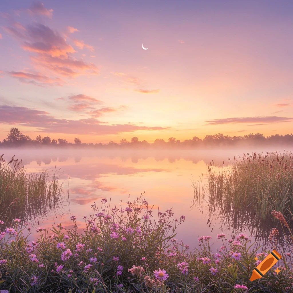 Photorealistic image of a misty lake at sunrise, featuring a colorful sky, crescent moon, and pink flowers in the foreground.