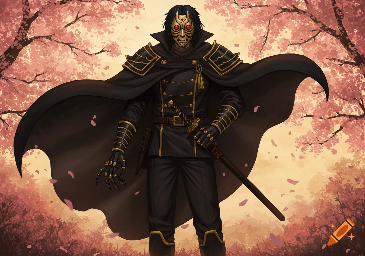 A masked man in a black and gold samurai-like outfit with a flowing cape and katana, standing amidst pink cherry blossoms in an anime style.