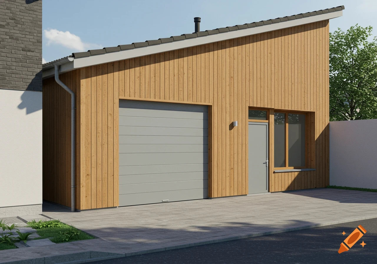 Modern garage with vertical wood siding, grey garage door, service door, and window under a single-slope roof.