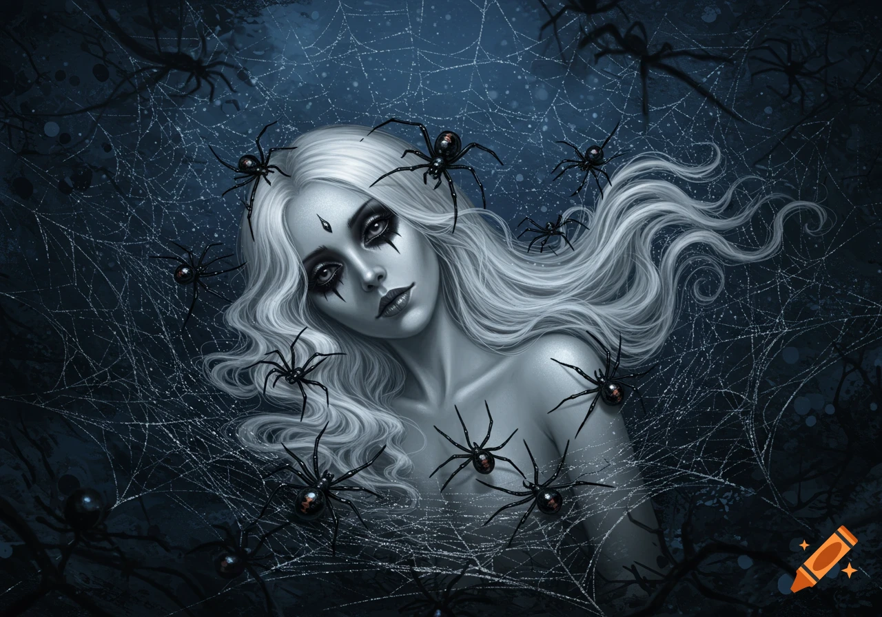 A pale woman with silver hair and dramatic makeup reclines in a dense spiderweb, surrounded by black widow spiders.