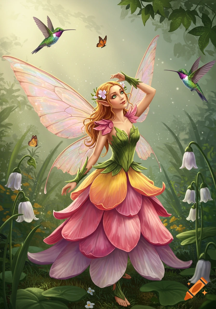 A whimsical fairy in a vibrant flower dress and delicate wings in a lush forest, with hummingbirds and butterflies.
