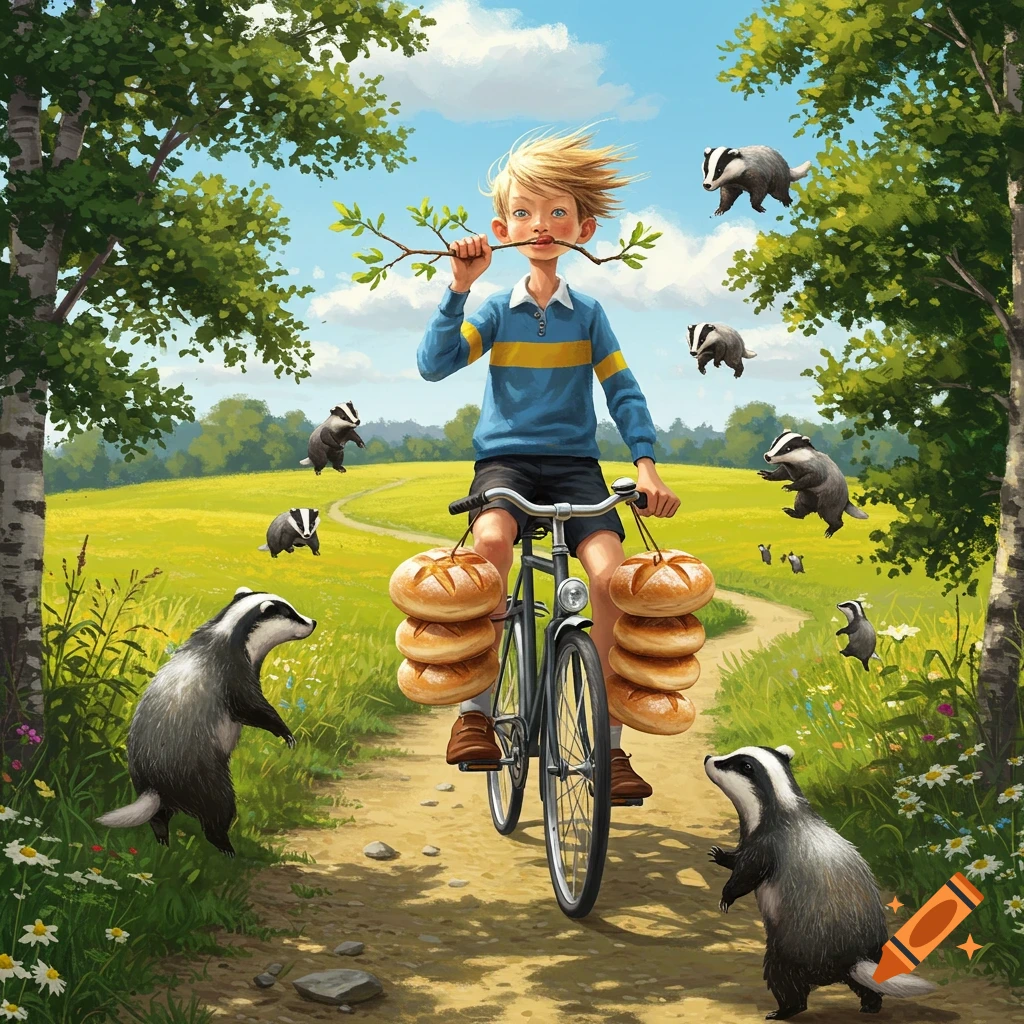A blond boy on a bicycle with bread loaves strapped to it, holding a branch to his mouth, surrounded by badgers on a countryside path under a blue sky.