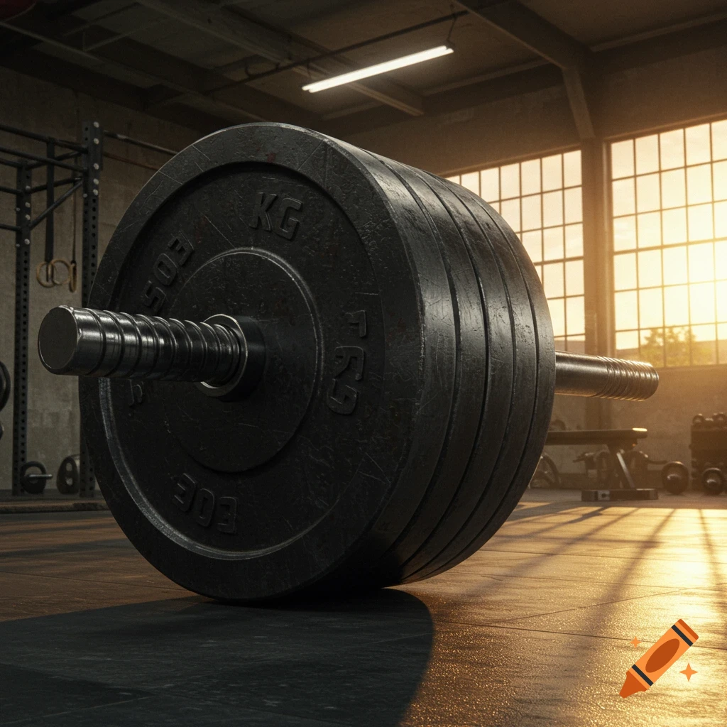 A close-up, low-angle shot of a heavy barbell lying on the floor of a gym with sunset light streaming through windows.