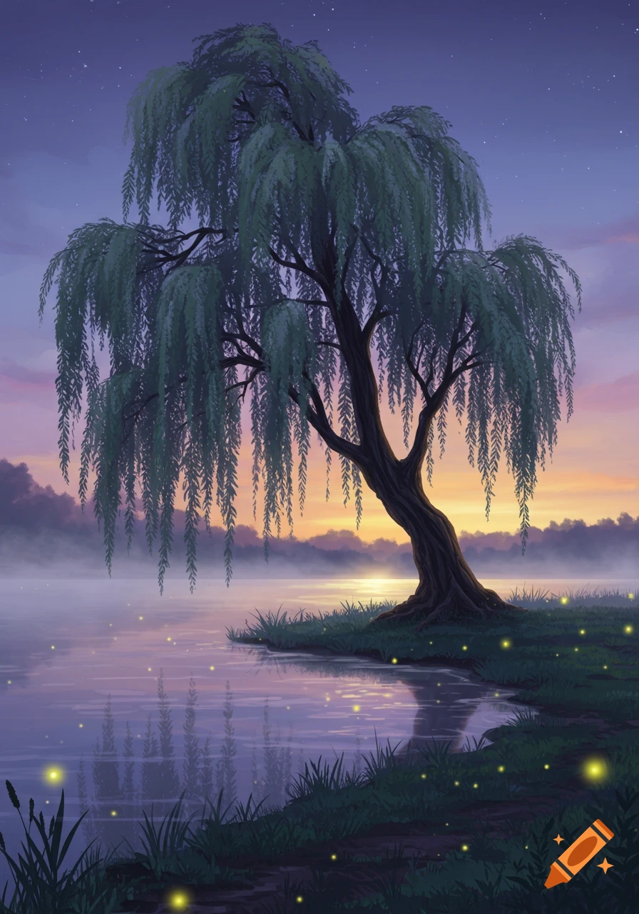An illustrated weeping willow tree by a misty lake at sunset, with ...