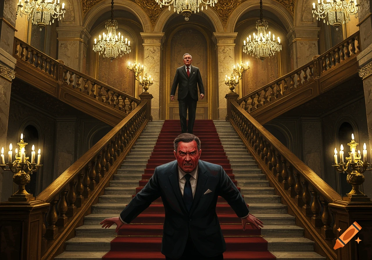 A man with a bloodied, enraged face and arms outstretched stands on a red-carpeted grand staircase, as another calm man watches from above.