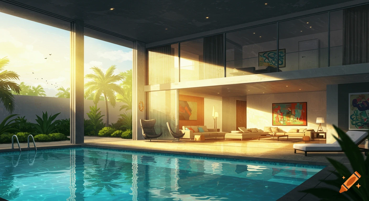 Luxurious modern house with an outdoor pool, large windows reflecting sunlight, and a sunlit interior living space with palm trees. Stylized.