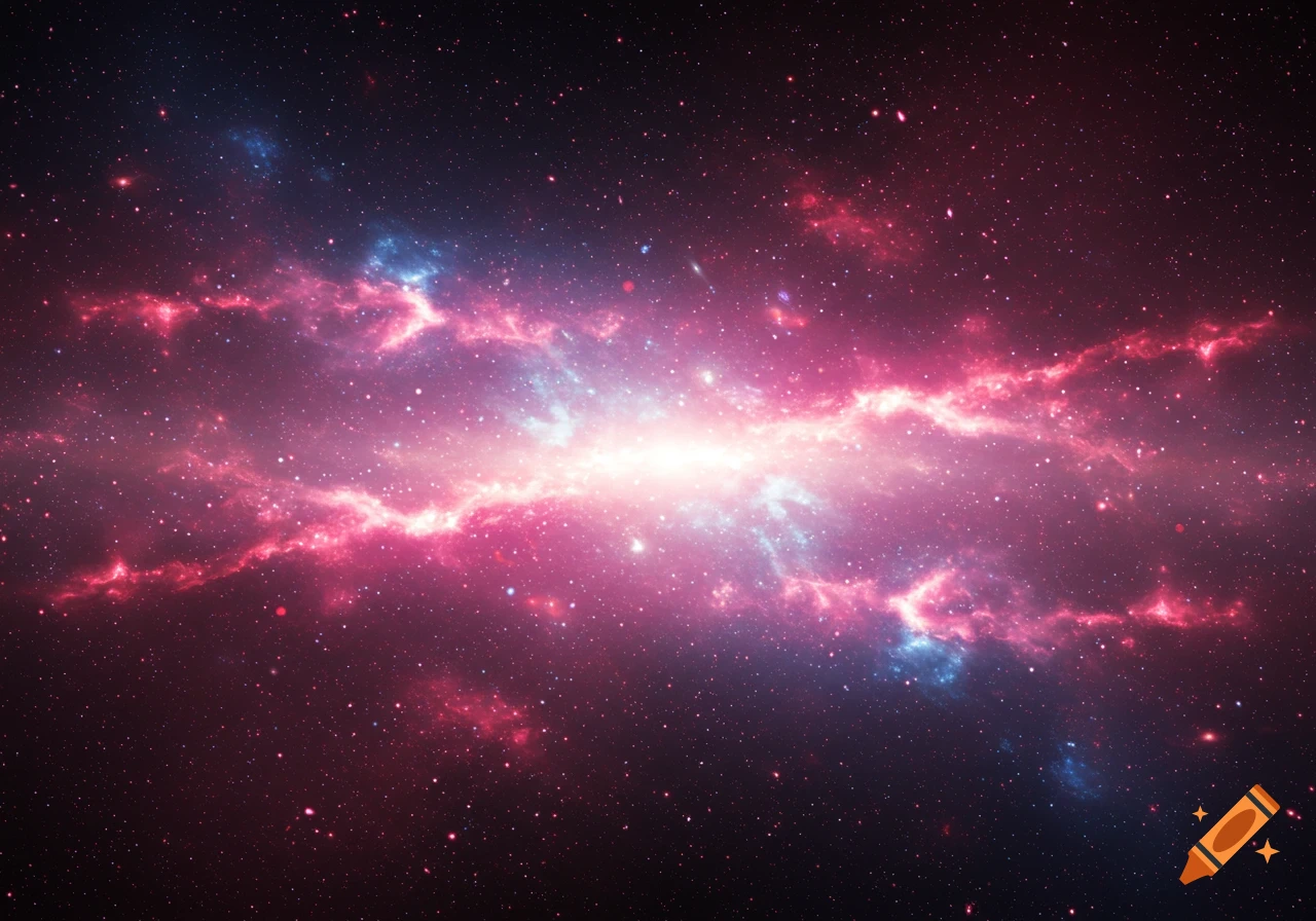 A vibrant pink and blue nebula with a bright central glow, surrounded by countless stars in deep space.