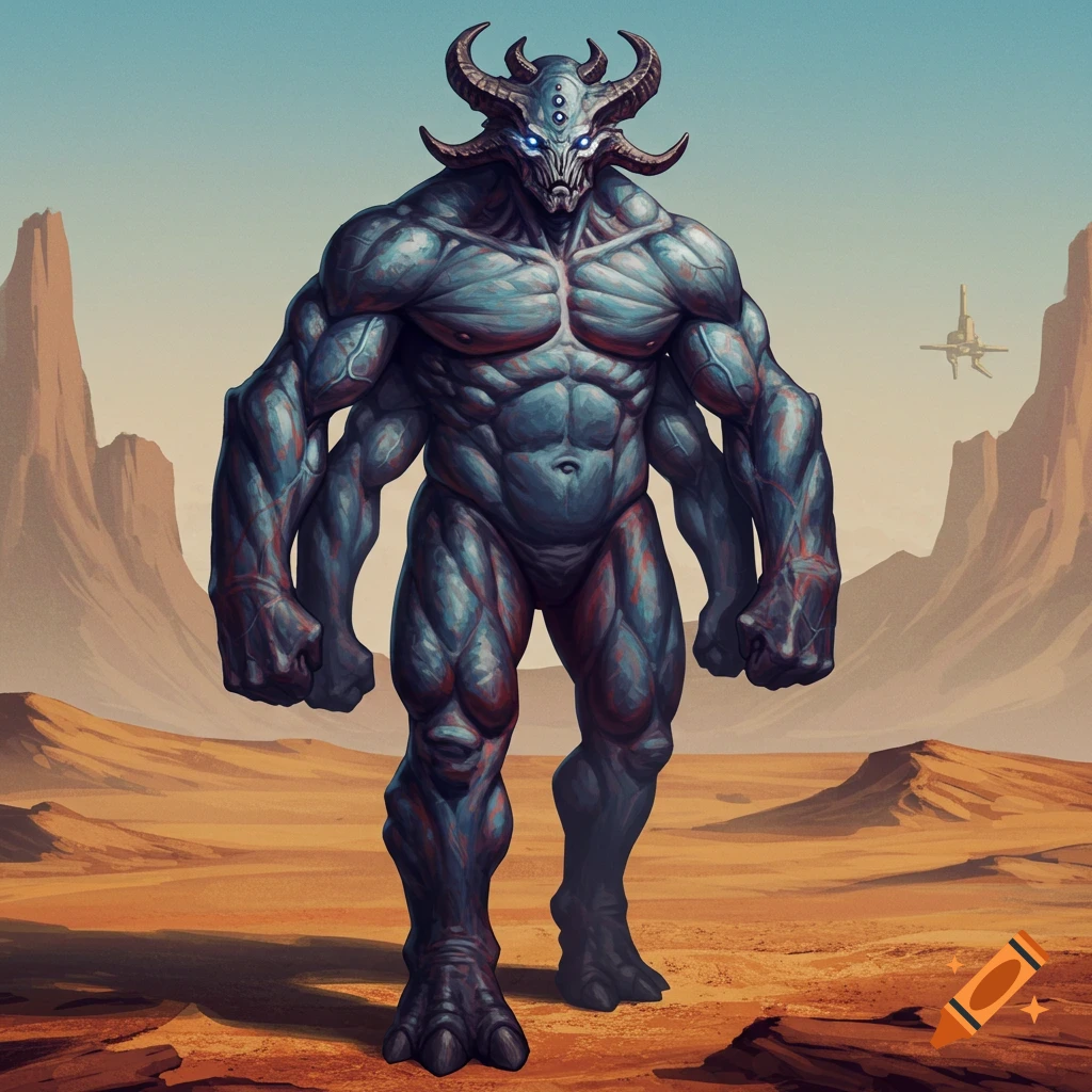 A muscular, four-armed horned alien monster with glowing eyes stands in a desert landscape under a clear sky.