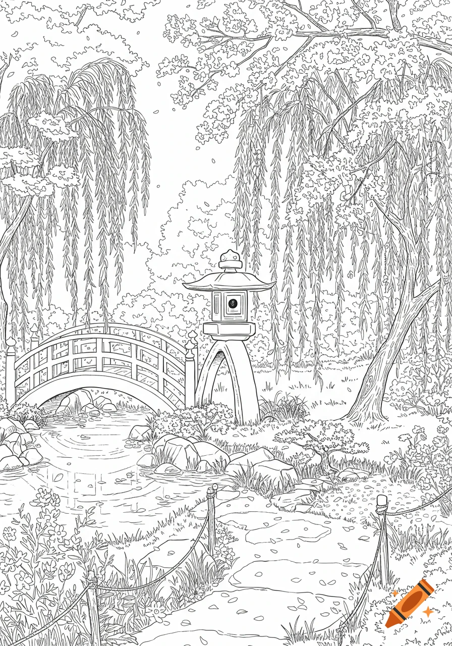 Line art illustration of a serene Japanese garden with a curved bridge over a stream, a stone lantern, winding path, and weeping willow trees.