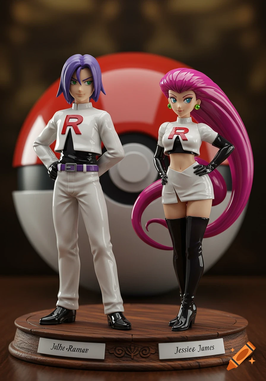 Team Rocket's Jessie and James depicted as highly detailed porcelain collectible figures, standing on a wooden base with labels.
