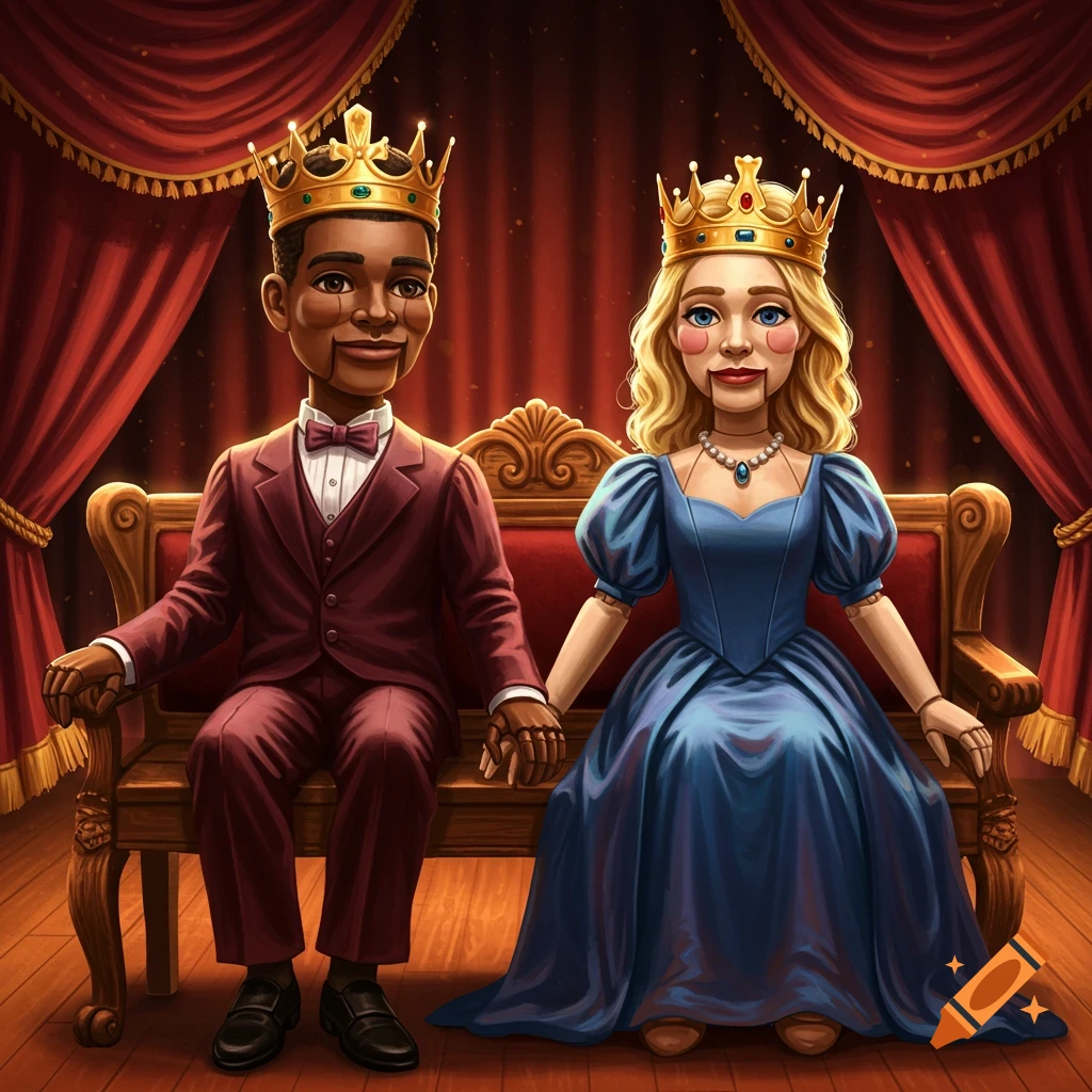 A Black male ventriloquist dummy and a blond female ventriloquist dummy sit side-by-side, holding hands and wearing crowns, against a backdrop of red theatrical curtains.