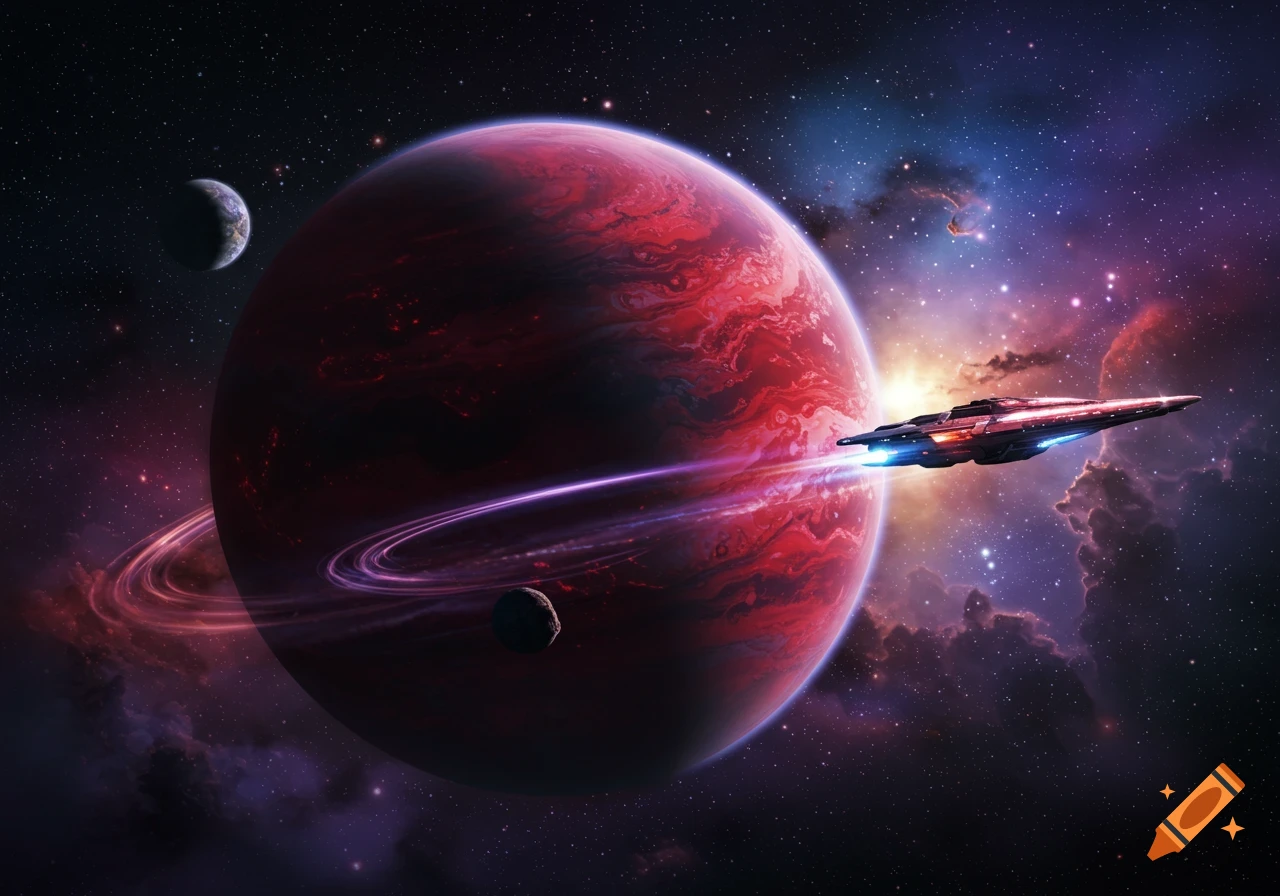 A sleek spaceship flies past a large red ringed planet with a moon and colorful nebula in space.